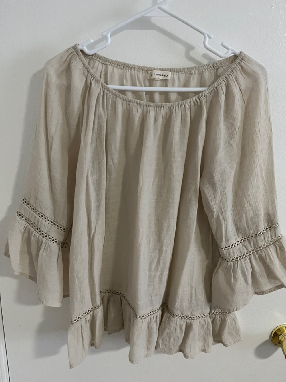 Cream Peasant Blouse with Crochet Trim